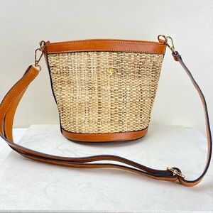 Pratesi Firenze Woven Rattan Bucket Crossbody Bag Leather Trim Drawstring
